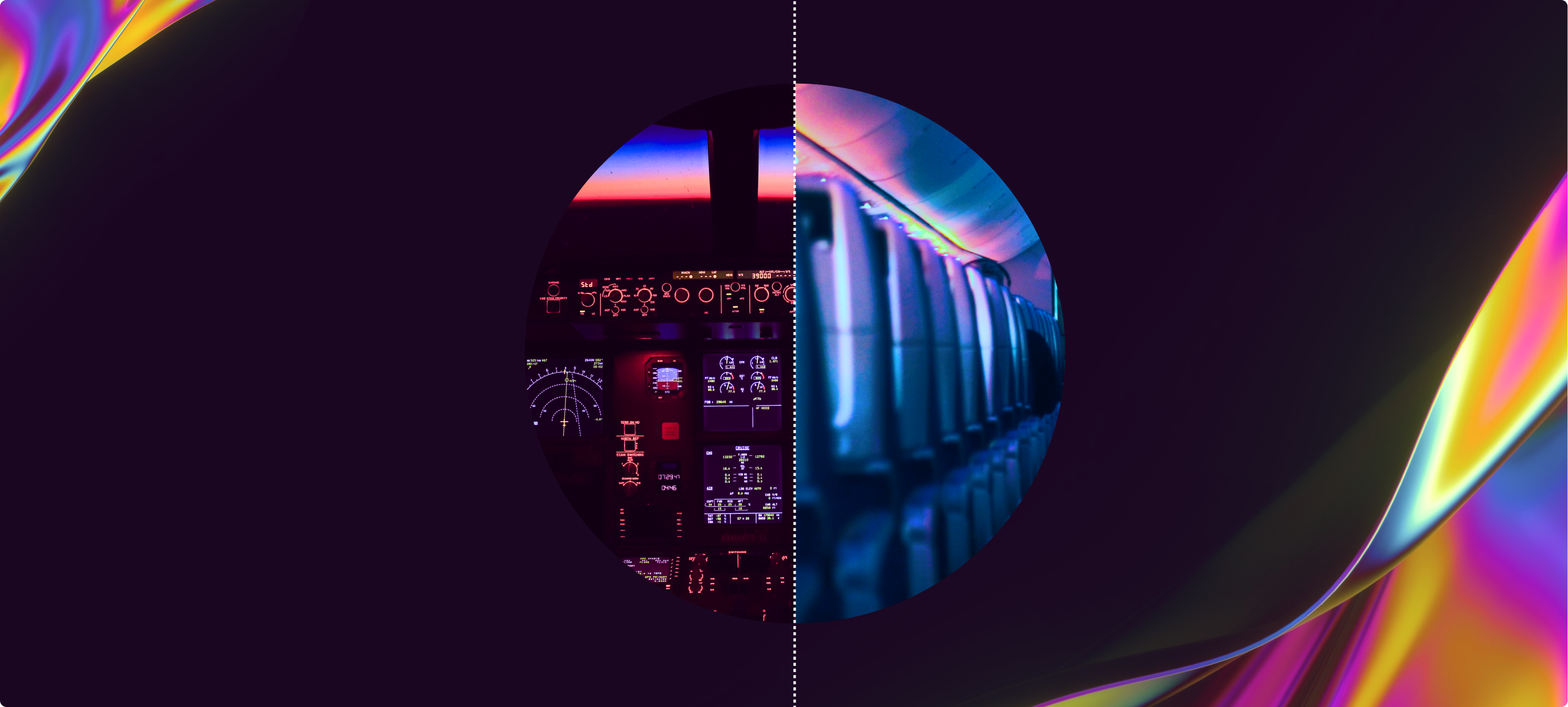 Split image showing an airplane cockpit lit with controls on one side and empty passenger seats on the other, symbolizing guidance and journey.